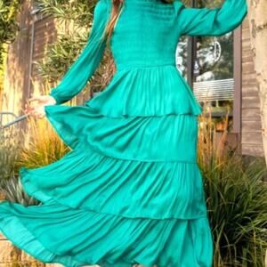 Strut & Bolt Dress Long Sleeve Green Ruffle Maxi Holiday Modest Size Medium